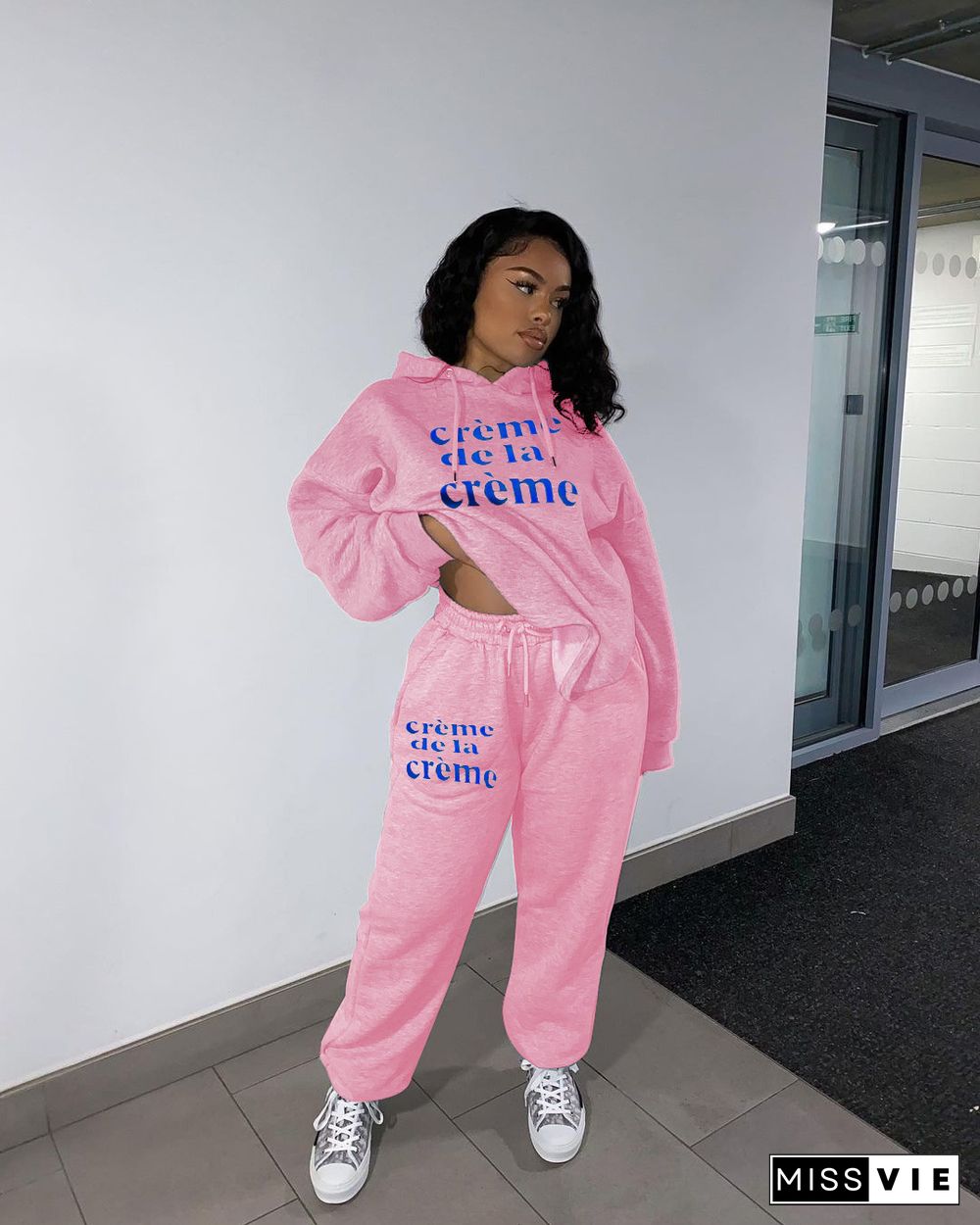 Solid Color Letter Printing Loose Pullover Sweatshirt Sweatpants Suit