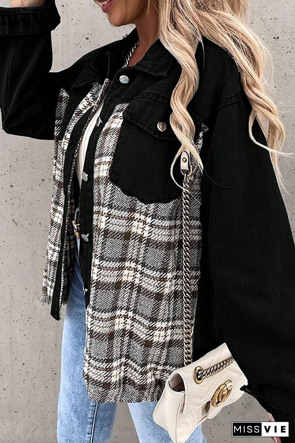 Plaid Splicing Open Button Denim Jacket