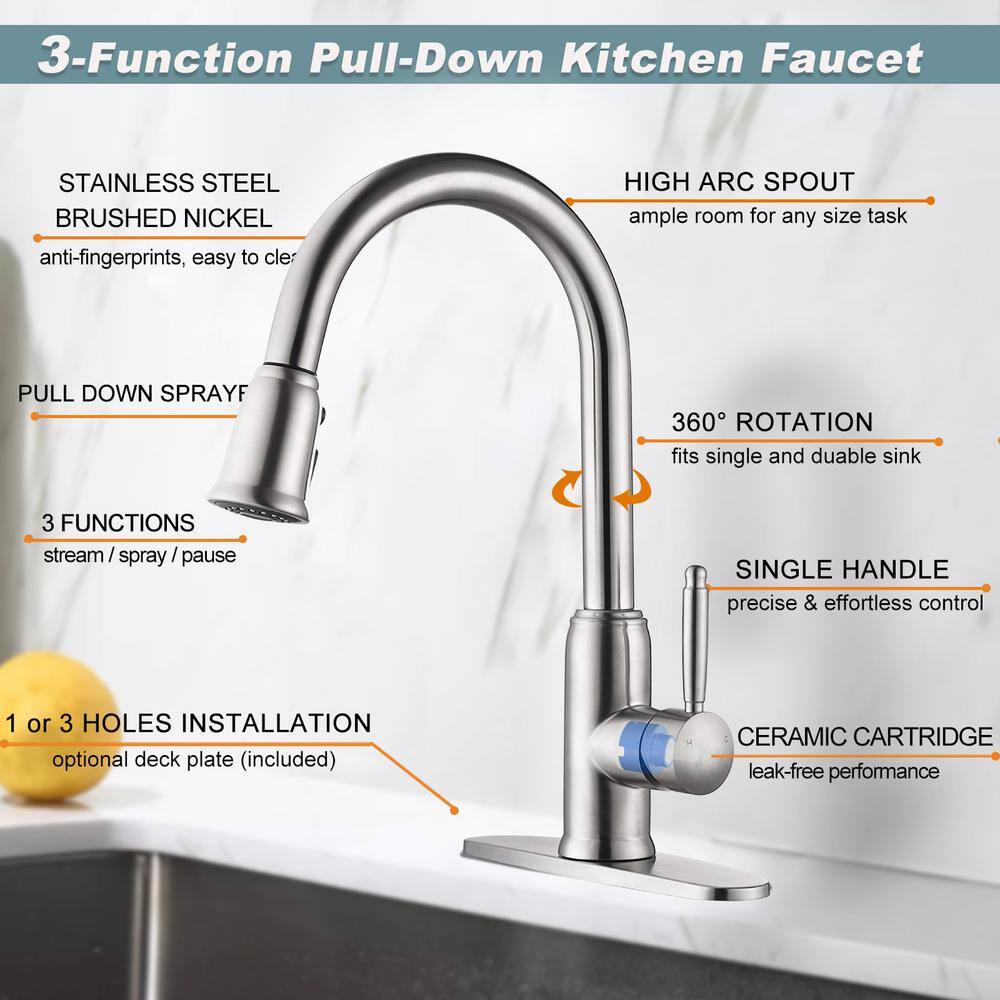 WOWOW Single-Handle Pull-Down Stainless Steel Sprayer Kitchen Faucet with PowerSpray and Temperature Control in Brushed Nickel 2310101-AMUS