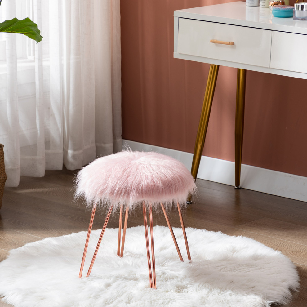 Fluffy Faux Fur Hairpin Legs Vanity Stool   Midcentury   Vanity Stools And Benches   by Duhome inc  Houzz