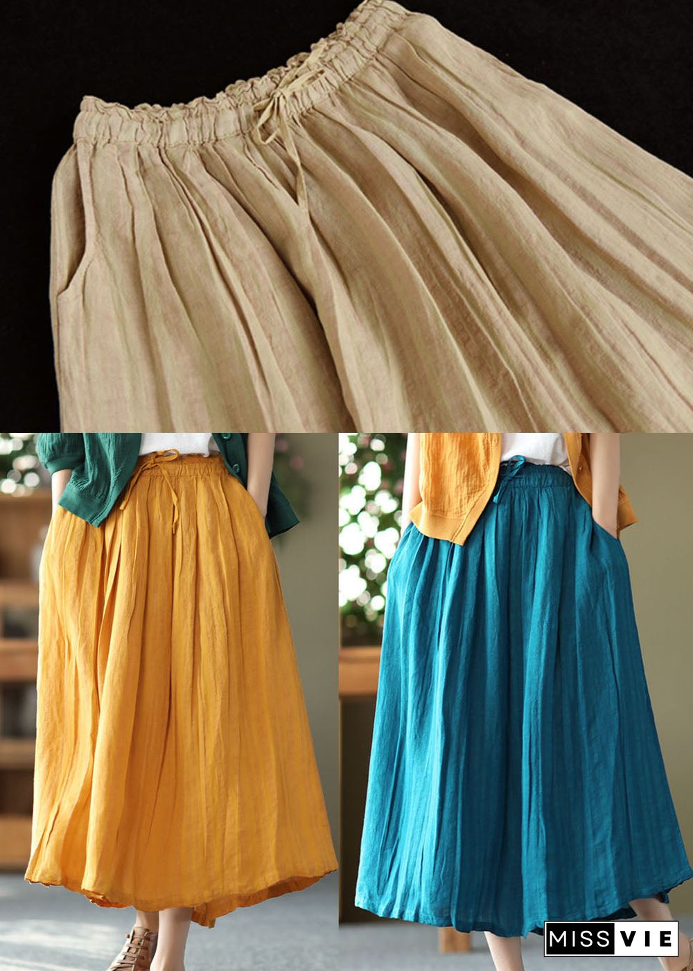 Bohemian Yellow Elastic Waist Wrinkled Linen Skirt Summer