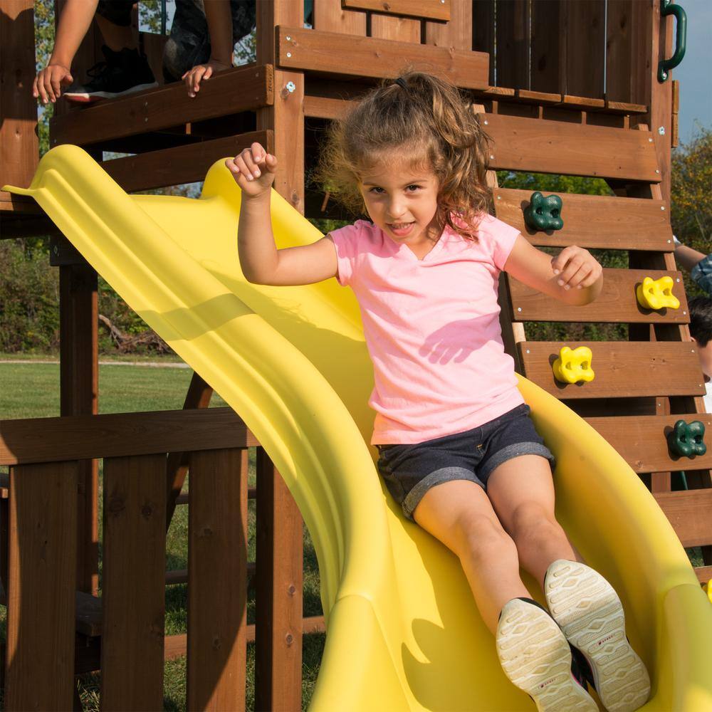 Swing-N-Slide Playsets Castlebrook Ready-To-Assemble Wooden Outdoor Playset with 2 Slides Rock Wall Swings and Swing Set Accessories WS 8355