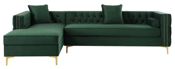 Levi Sofas Hunter Green Velvet 70L x 115W x 30H Gold Nailhead Trim Button Tufted   Midcentury   Sectional Sofas   by Homesquare  Houzz