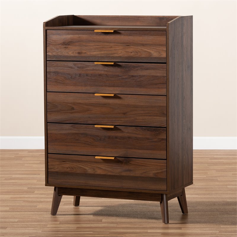 Bowery Hill Walnut Brown Finished 5-Drawer Wood Chest