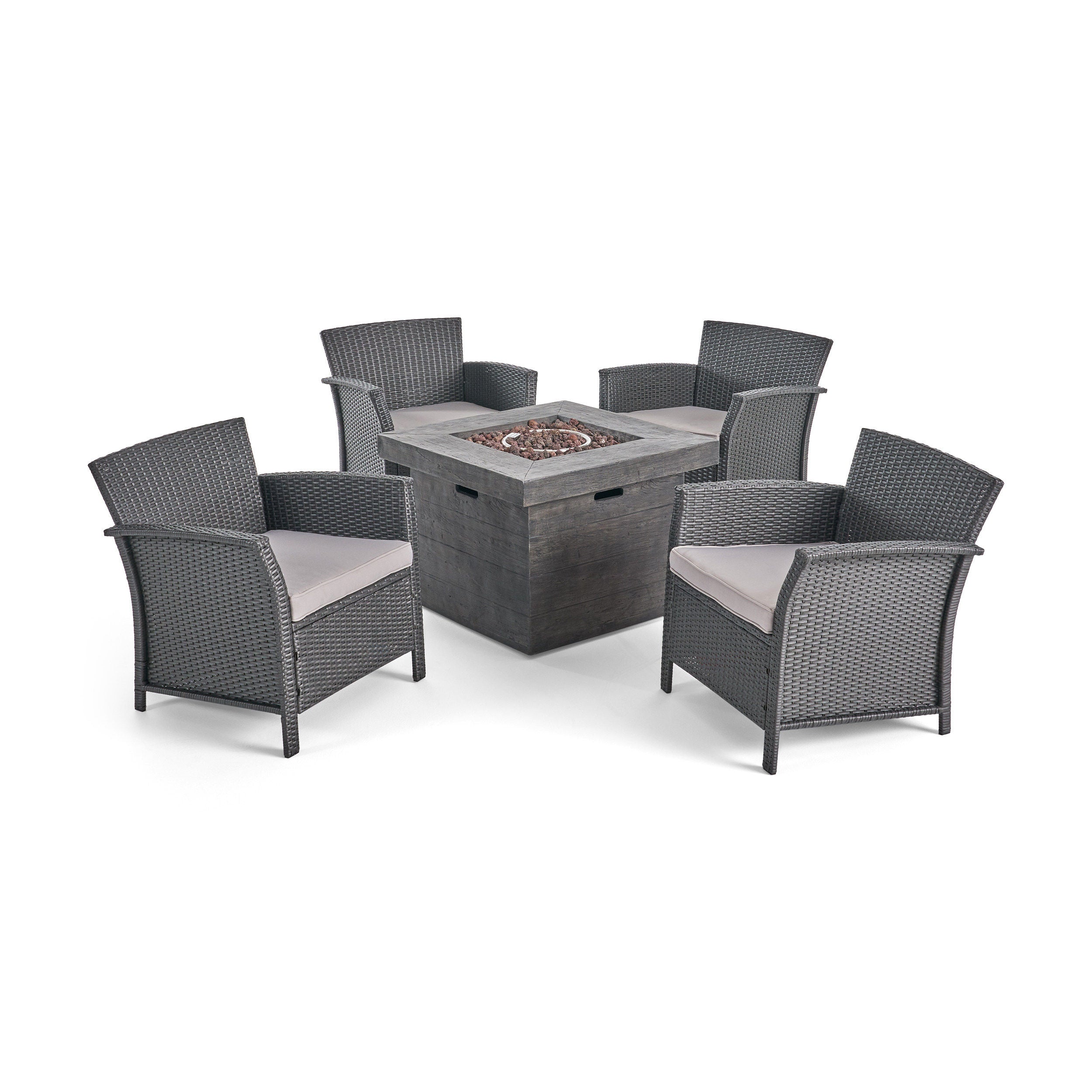 Laiah Outdoor 4 Piece Wicker Club Chair Chat Set with Wood Finished Fire Pit