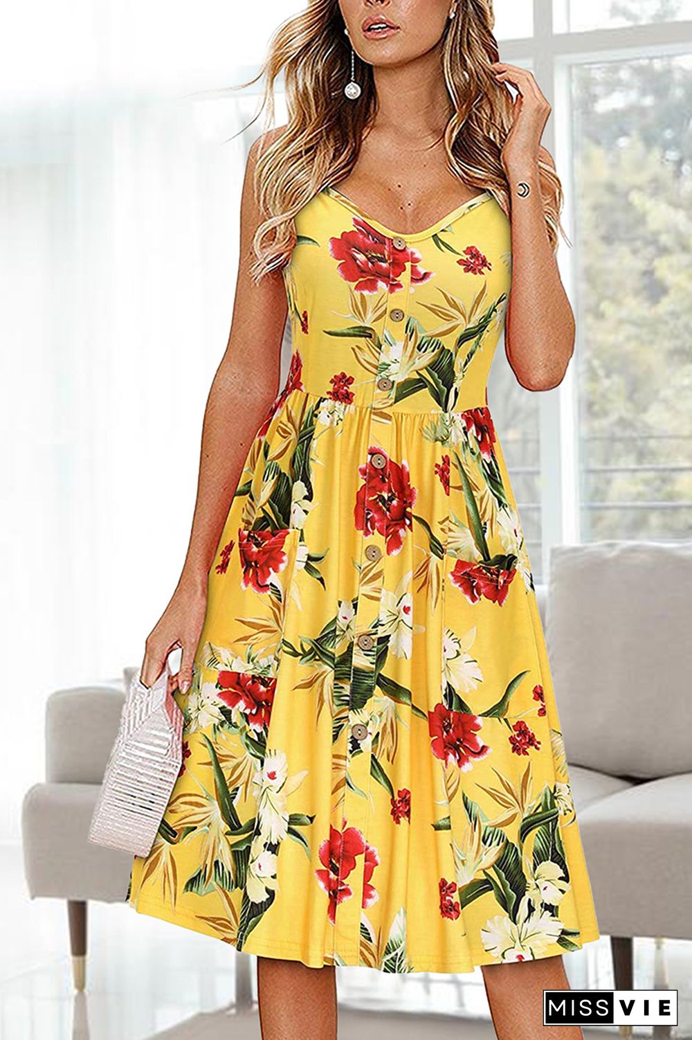 Fashion Print Patchwork Spaghetti Strap Waist Skirt Dresses(8 colors)