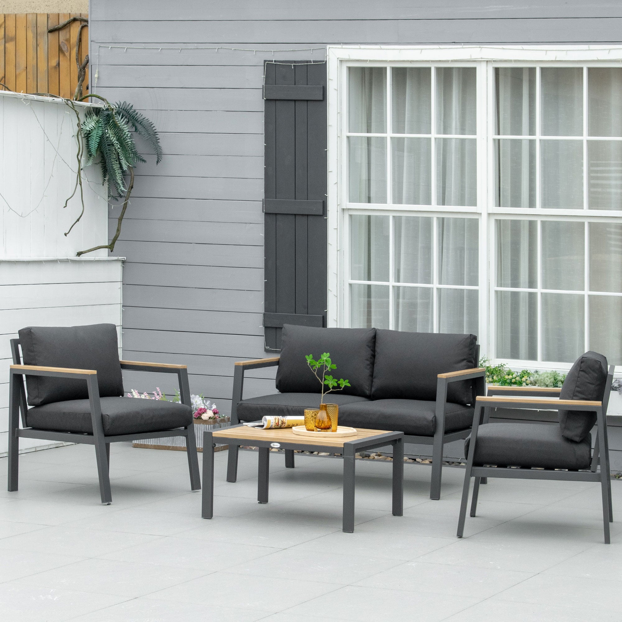 Outsunny 4-Piece Patio Furniture Set Aluminum Conversation Set Outdoor Garden Sofa Set with Loveseat, Center Coffee Table & Cushions, Grey