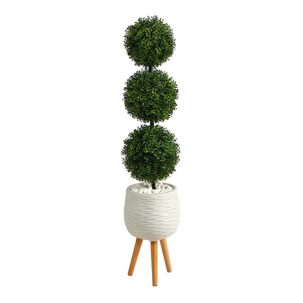 51 Boxwood Triple Ball Topiary Artificial Tree in White Planter