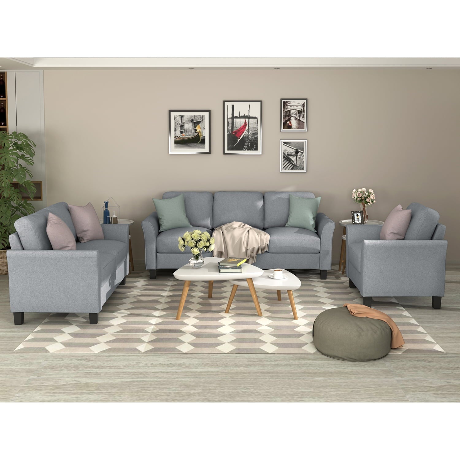 3 Pieces Sofa Set Living Room Set Gray