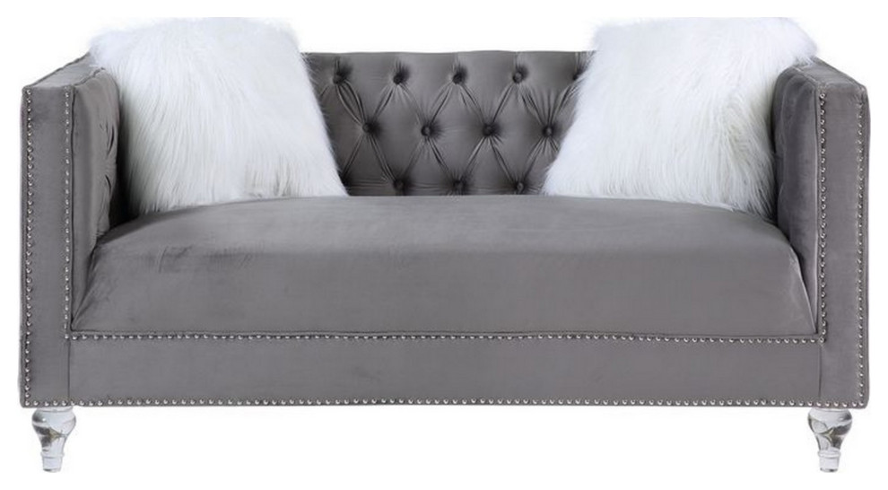 Loveseat With Track Arms And Encrusted Faux Diamond Inlay  Gray   Traditional   Loveseats   by VirVentures  Houzz