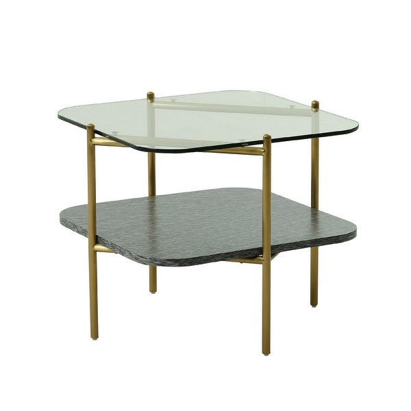 Cid Troy 24 Inch Modern 2 Tier End Table， Glass Top， Gold Metal Legs， Gray