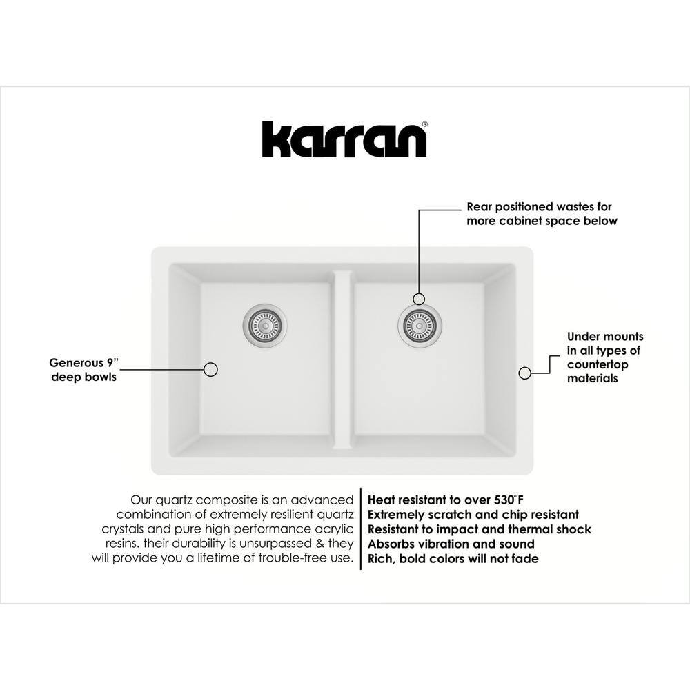 Karran Quartz White 32 in. 5050 Double Bowl Composite Undermount Kitchen Sink QU-810-WH