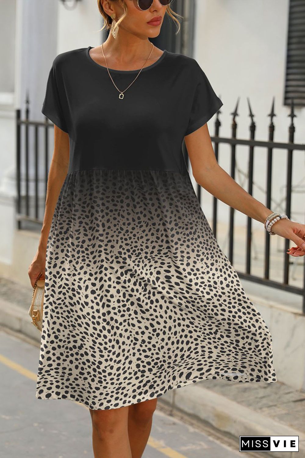 Leopard Dotted Contrast Casual Pocket T Shirt Dress