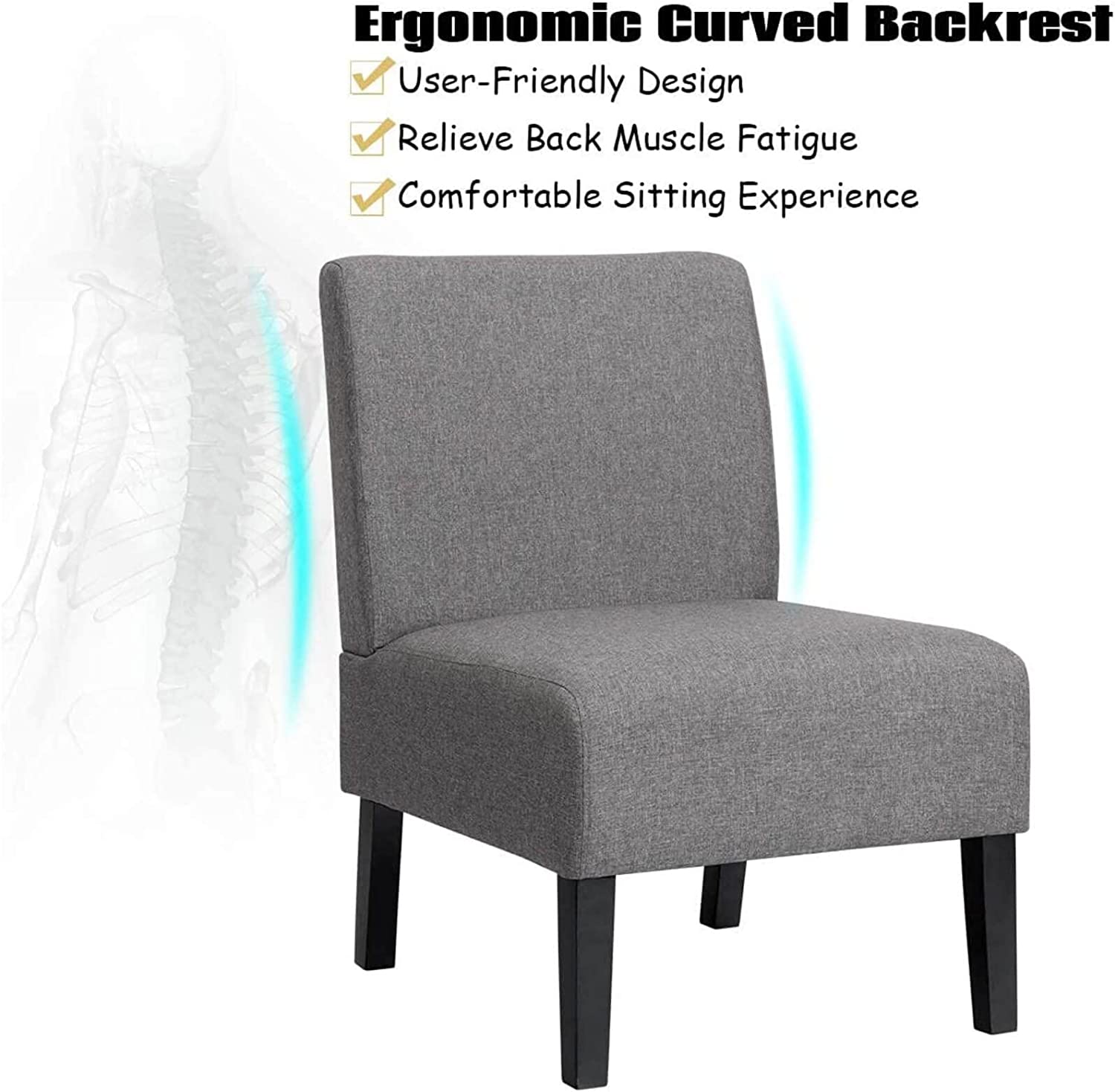 Grey Armless Chair for Living Room， Fabric Classic Dinning Accent Chairs for Bedroom Contemporary Accent Chair with Legs Comfortable Bedroom Chairs for Adults with Cushion Seat