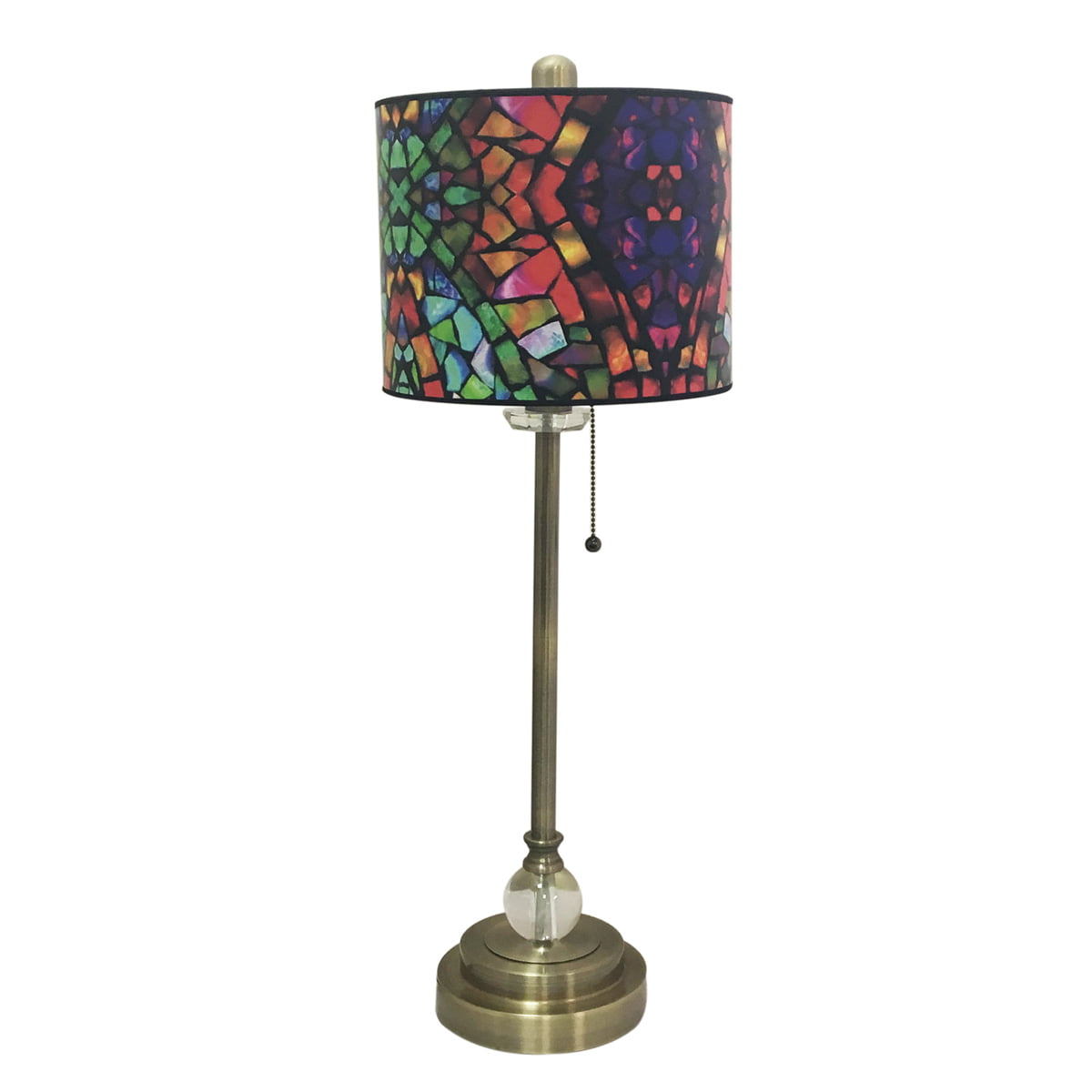 Royal Designs 28" Crystal and Antique Brass Buffet Lamp with Mosaic Stained Glass Design Hardback Lamp Shade