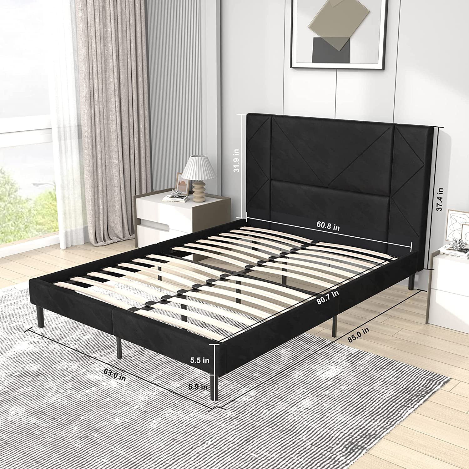 Flolinda Queen Bed Frame, Queen Size Platform with Upholstered Tufted Velvet Headboard, Black, Velvet