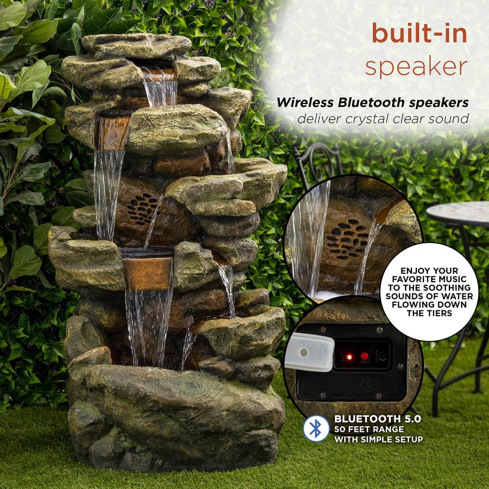 Alpine Corporation 51 in. Tall Outdoor Rainforest Floor Tiered Fountain with LED Lights and Bluetooth Speaker TZL199