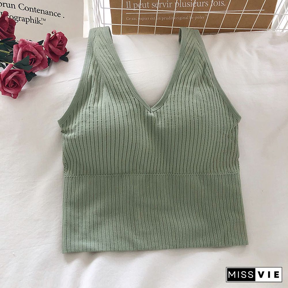 Pearl Diary Bra Tops Summer V Neck Rib Crop Tank Top With Detachable Bra Pads Sleevelss Solid Color Backless Sporty Bra Top