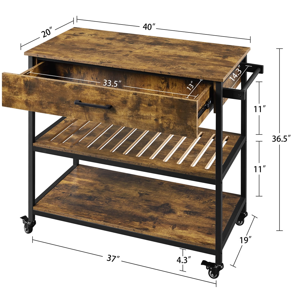 Easyfashion 3-Tier Rolling Kitchen Island Microwave Serving Cart with Storage， Rustic Brown