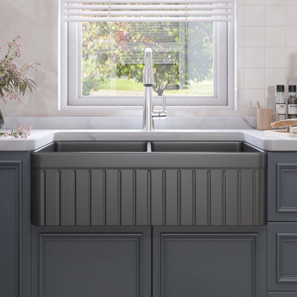 Black Fireclay 33 in. Double Bowl Farmhouse Apron Kitchen Sink with Bottom Grid and Basket Strainer HKD-331810T2-B