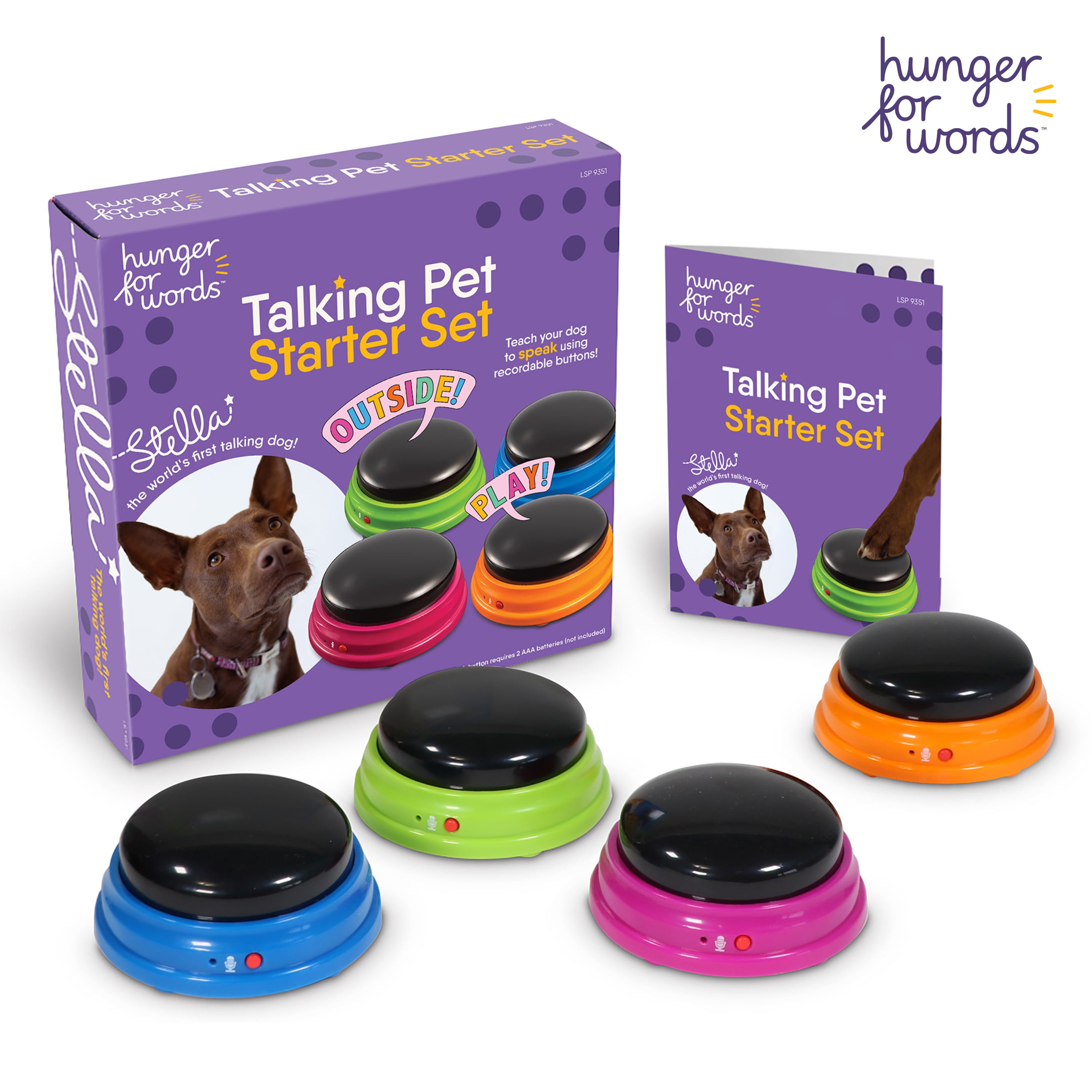 Hunger for Words Talking Pet Starter Set - 4 Recordable Buttons for Dog Communication， Talking Dog Buttons