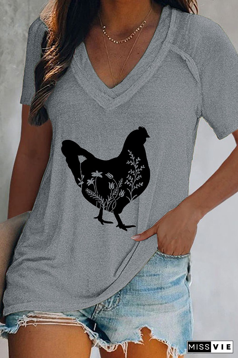 Floral Chicken V Neck Graphic Tee