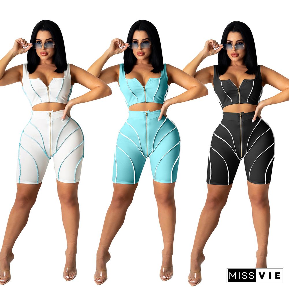 Summer Womens Outfits Solid Sleeveless Patchwork Zipper Crop Top High Waist Jogging Shorts 2 Piece Sets