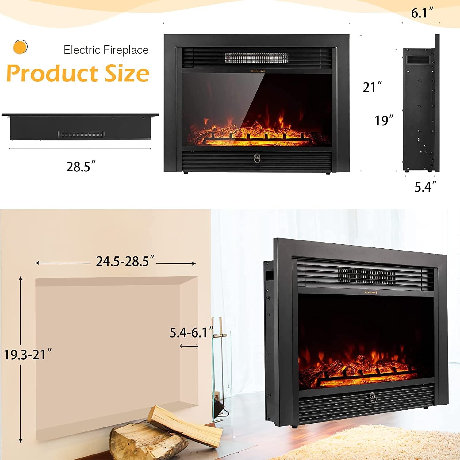 YODOLLA 28.5" Electric Fireplace Insert with Remote Control and Timer