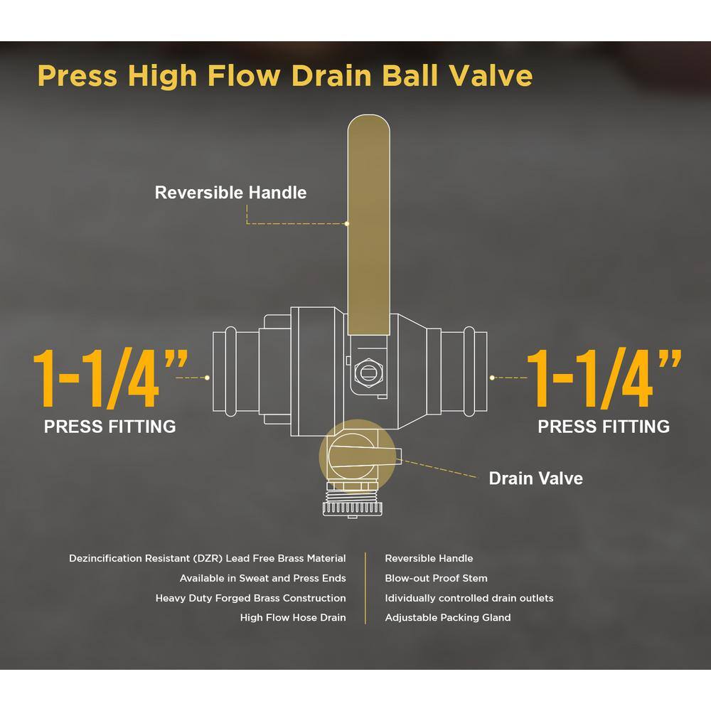 The Plumber's Choice 1-14 in. Press High Flow Drain Ball Valve 3-Way Adjustable Flow Path Brass S928336-N