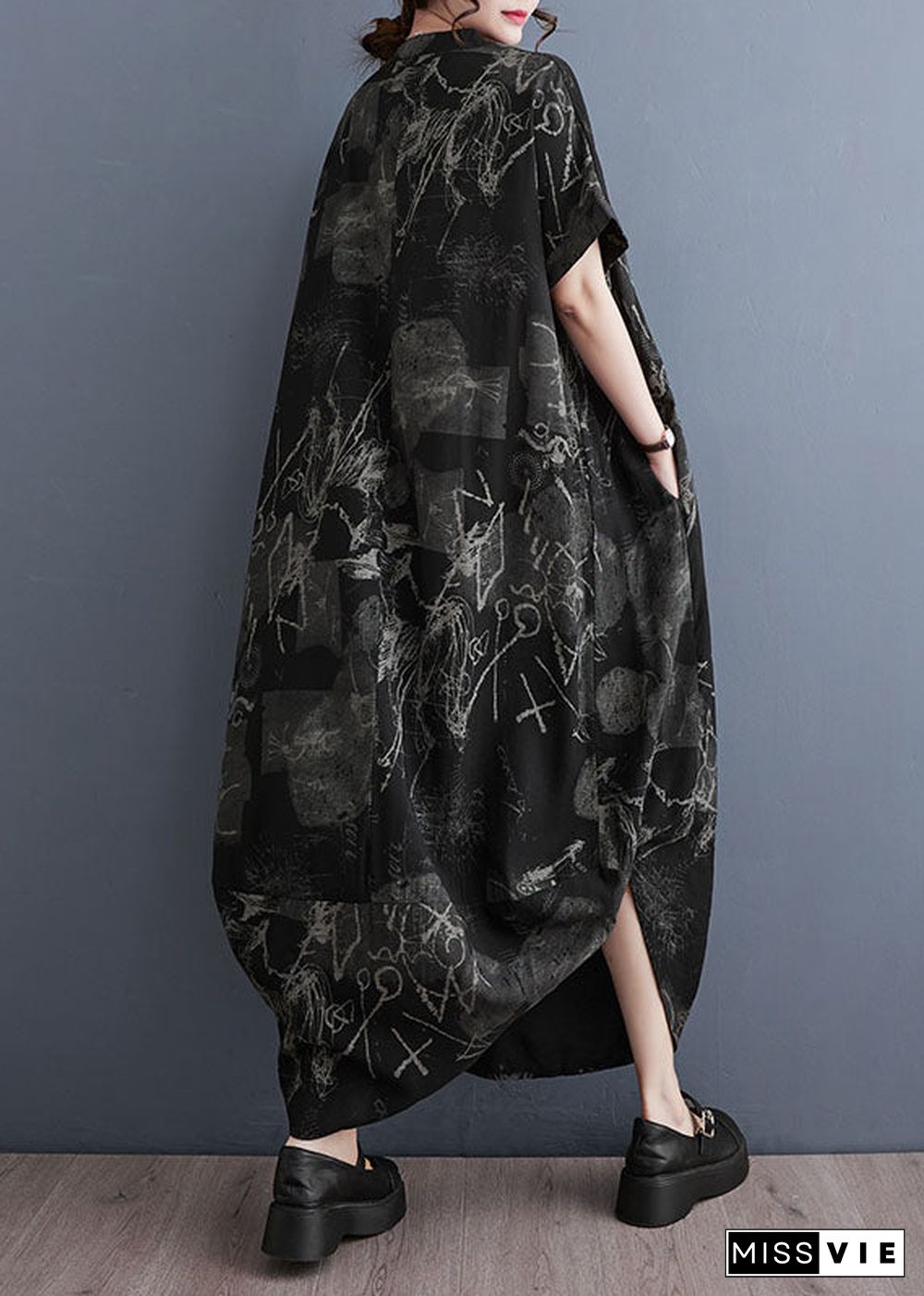 Art Black V Neck Print Patchwork Cotton Long Dress Summer