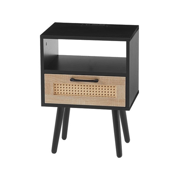 Rectangle MDF Rattan End Table Nightstand Side Table with Power Outlet and USB Ports - 15.75*11.81