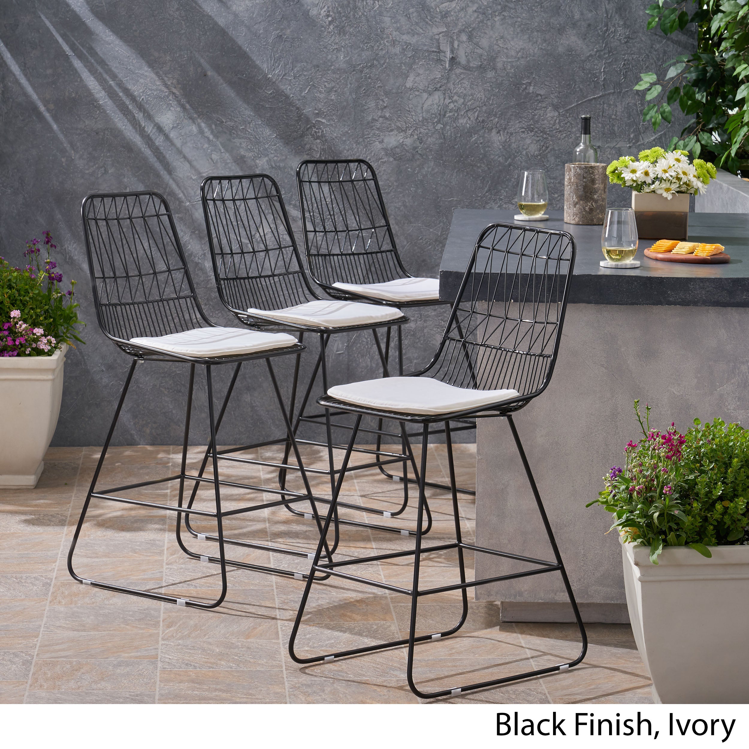 Hedy Outdoor Wire Counter Stools with Cushions (Set of 4)