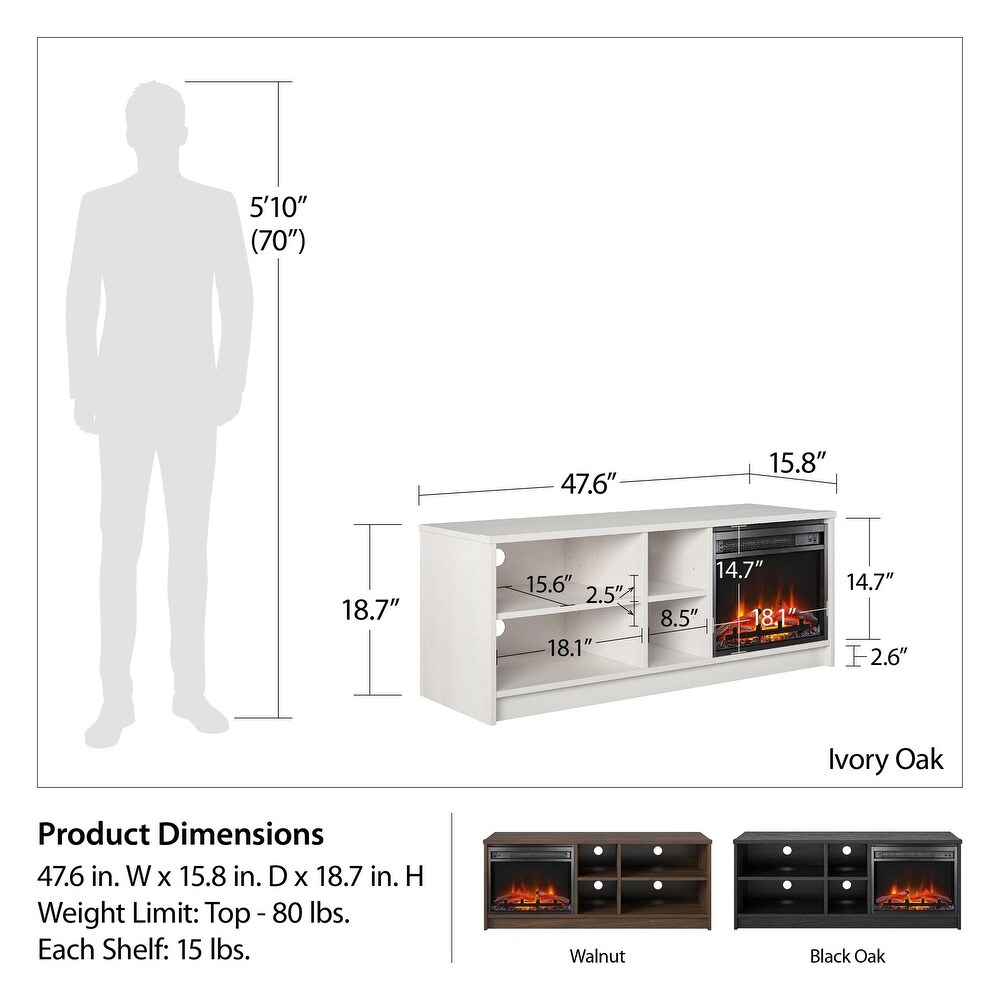 Ameriwood Home Nanton Asymmetrical 55 inch TV Stand with Electric Fireplace Insert and 4 Shelves