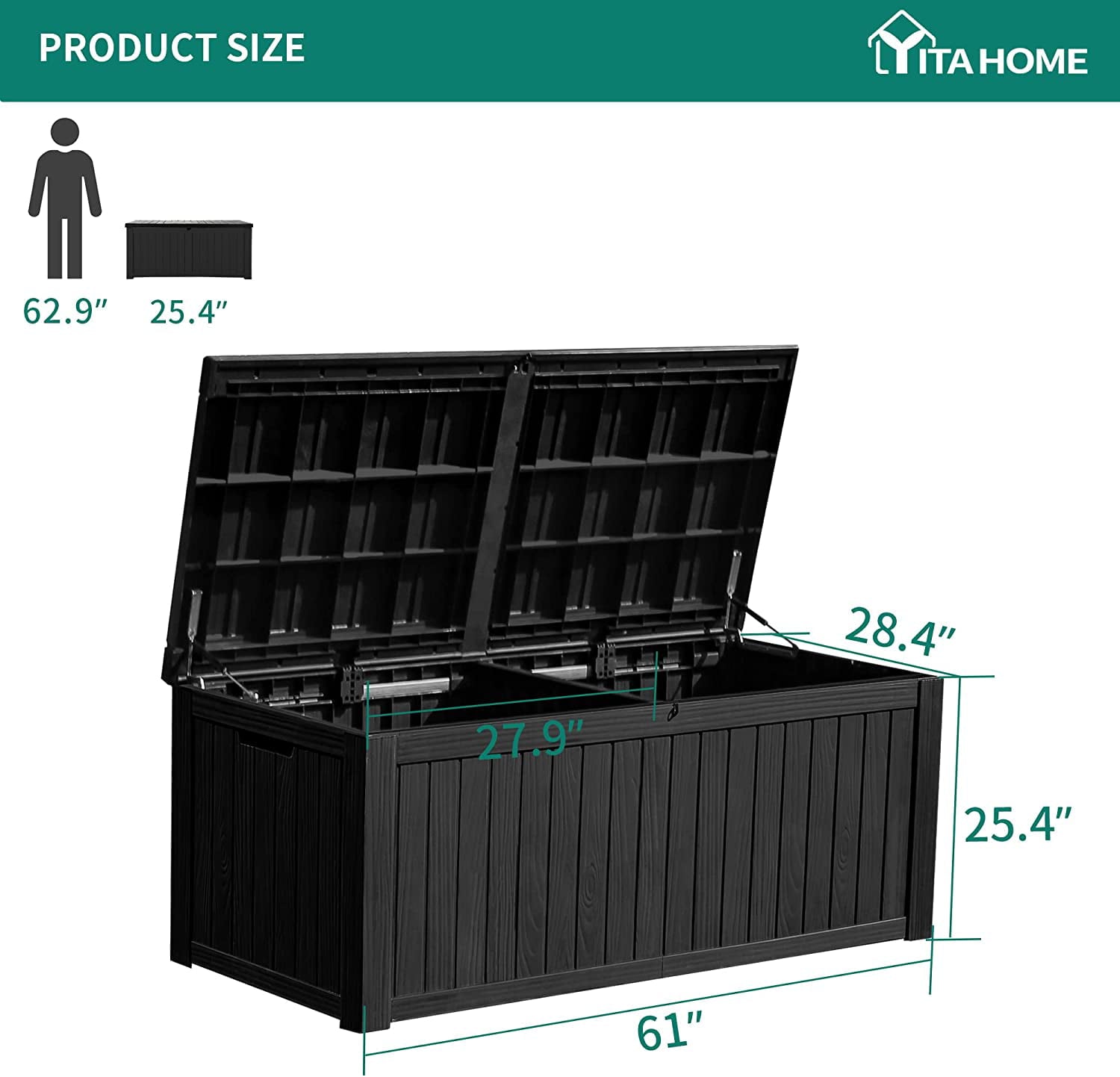 YITAHOME 150 Gallon Large Outdoor Storage Deck Box for Patio Furniture, Outdoor Cushions, Garden Tools, Sports Equipment and Pool Supplies with Flexible Divider, Waterproof, Resin, Lockable (Black)