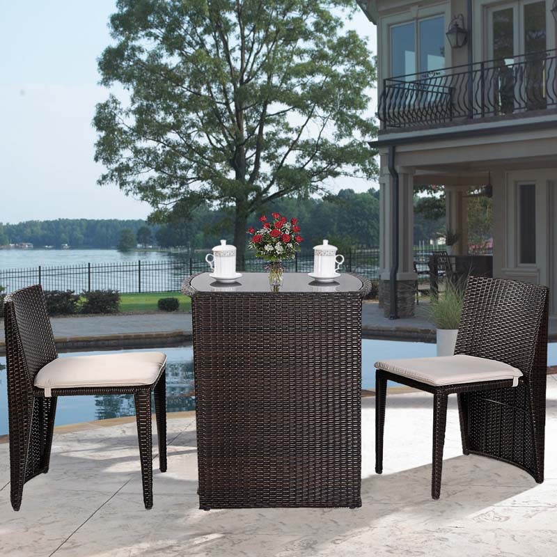 3 Pcs Rattan Wicker Patio Conversation Sets with Cushioned Outdoor Chair and Table Set