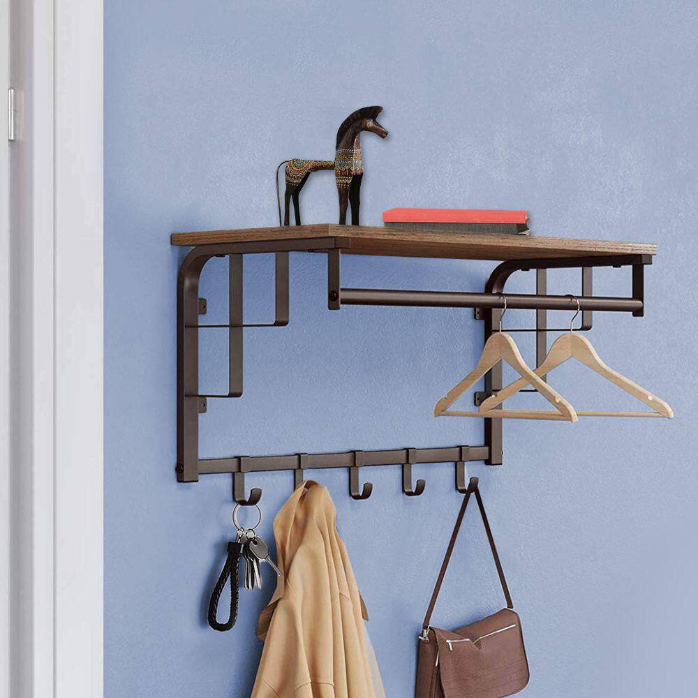 Benjara Brown and Black Metal Framed Wall Mounted Coat Rack with One Storage Shelf BM195870