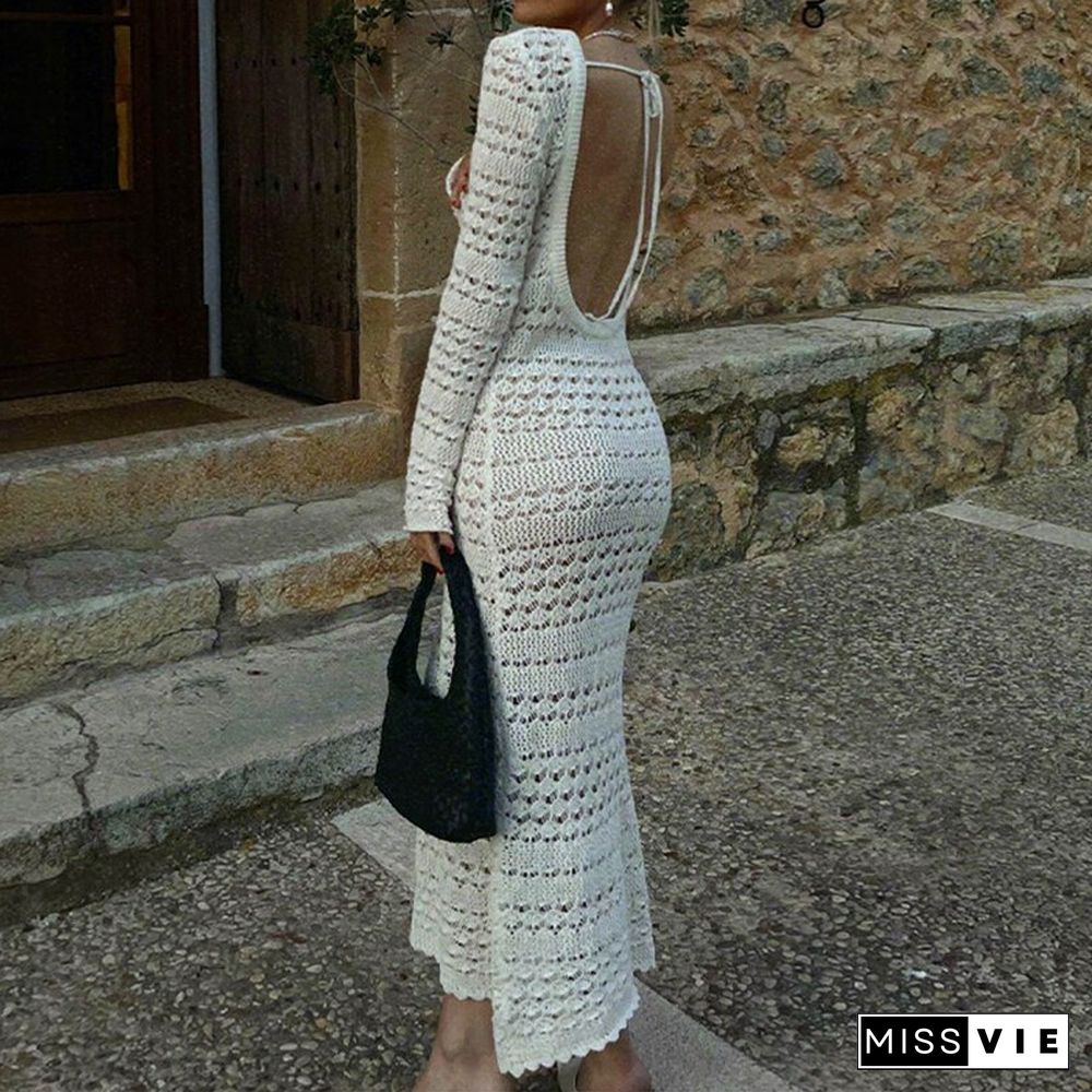 Autumn Lady Chic Crochet Knit Maxi Dress Sexy O-Neck Hollow Out Party Dress Fashion Backless Lace Up Long Sleeve Cover Up