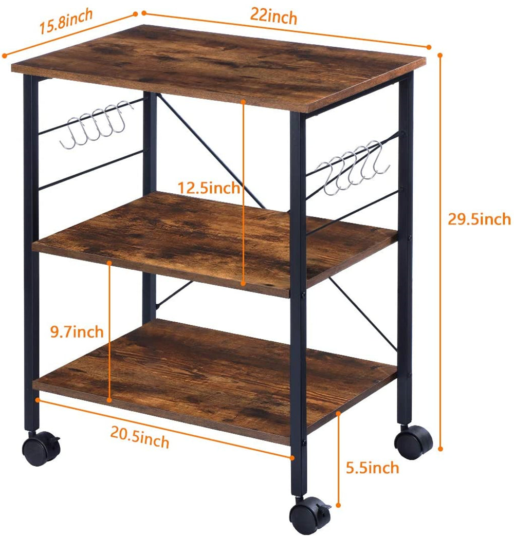 3-Tier Kitchen Microwave Cart on Wheels， Rolling Bakers Rack Movable Kitchen Storage Shelf Rack Cabinet Organizer for Kitchen Living Room