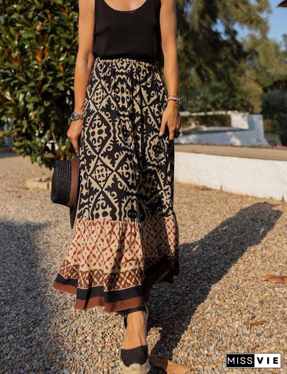 Print Stitching Swing Skirt