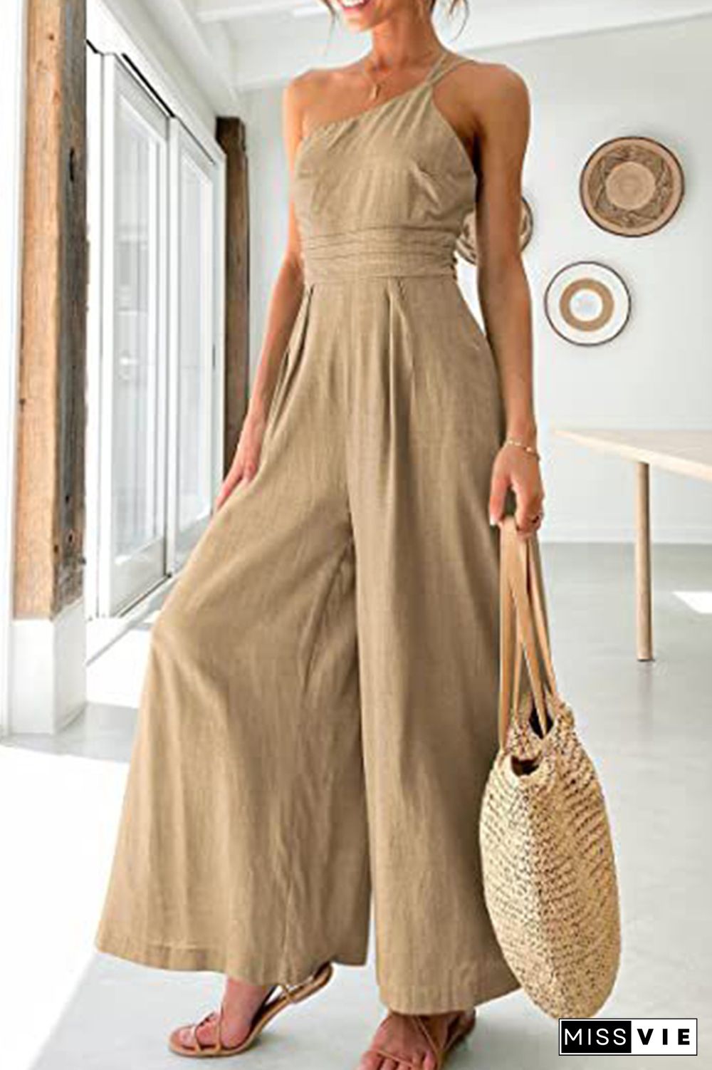 One Shoulder Wide Leg Long Pants Romper Wholesale