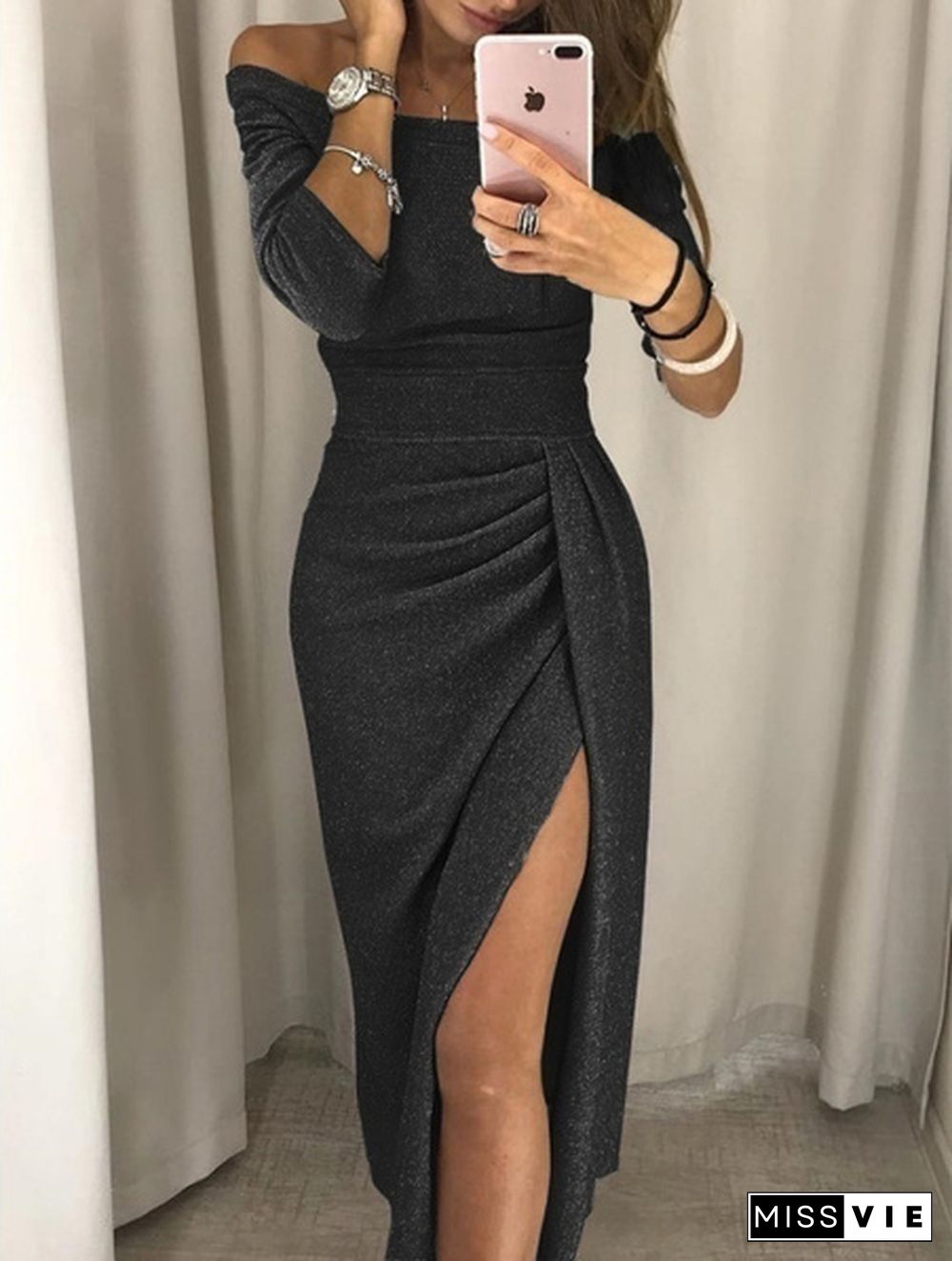 Women Off Shoulder Party Dresses High Slit Bodycon Dress Long Sleeve Fashion Prom Dress Skirt Plus Size Xs-8Xl