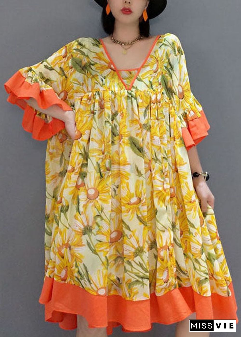 Fashion Orange V Neck wrinkled Print Chiffon Dress flare sleeve