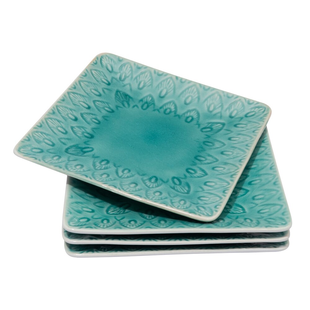 Euro Ceramica Peacock Stoneware 6.5 Inch Square Appetizer Salad Plate Set in Lagoon (Set of 4)   6.5 x 6.5 x .9