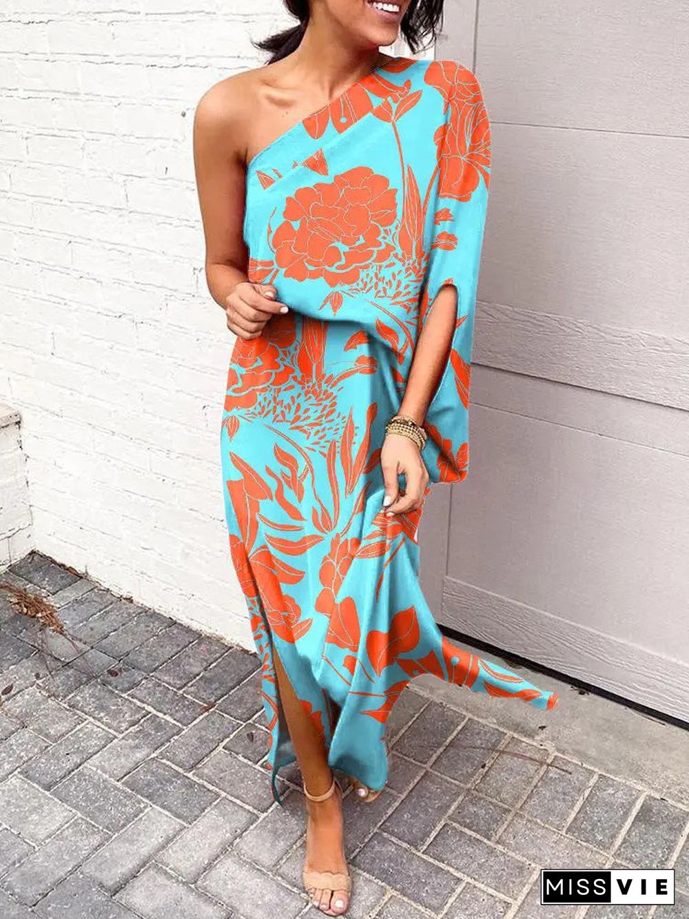 Women'S Dresses Slanted Shoulder Print One Sleeve Dress