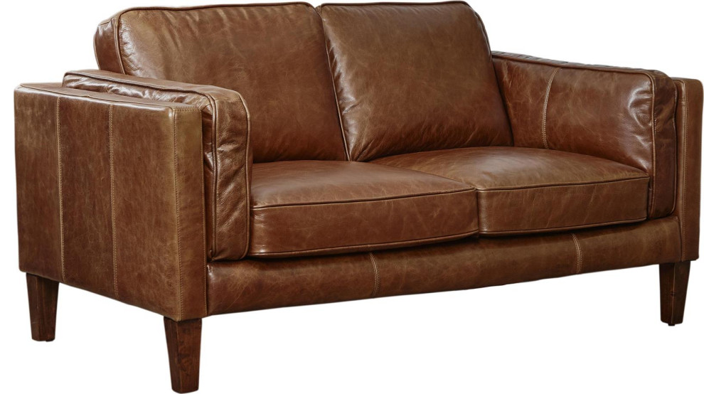 Loveseat BERKLEY Transitional Natural Vintage Leather Solid Birch   Transitional   Loveseats   by EuroLuxHome  Houzz