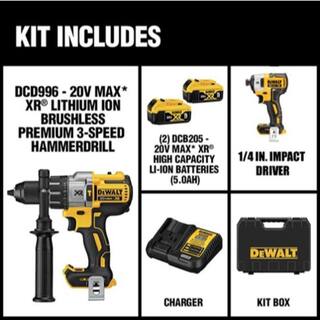 DW 20V MAX XR Lithium-Ion Cordless Brushless Hammer Drill 14 in. Impact Driver (2) 5.0Ah Batteries Charger and Case DCD996P2W887B