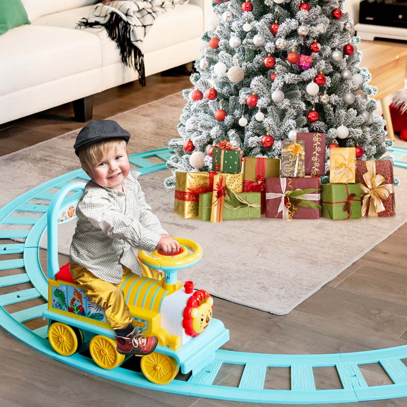 6V Kids Ride on Train with Tracks & 6 Wheels, Battery Powered Electric Ride On Toy with Lights & Music