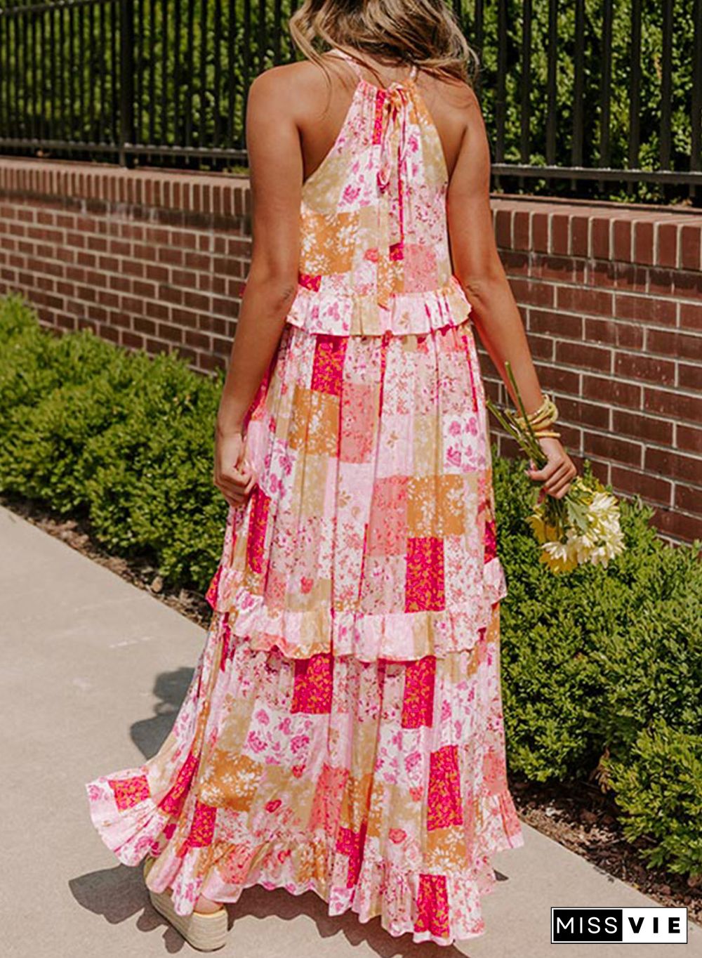 Multicolor Boho Geometric Floral Print Sleeveless Maxi Dress