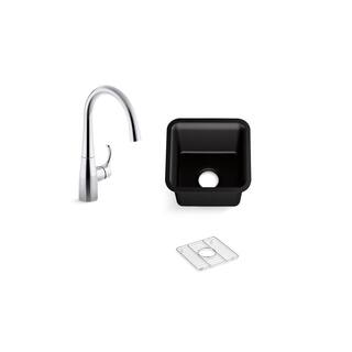 KOHLER Cairn Black Granite Composite 16 in. Undermount Bar Sink with Simplice Faucet K-22034-CP-8223-CM1