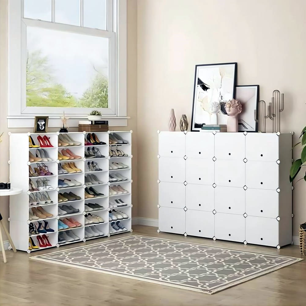 Ktaxon 32 Cubes 64 Pairs Modular Plastic Shoe Storage Cabinet Boxes Expandable 8 Tiers Shoe Rack Shelf Tower Stand Shoe Storage Organizer for Hallway Bedroom Closet Entryway White